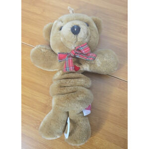 1989 Dakin Musical Bear Plush Pull String Toy Light Brown Plaid Bow WORKS